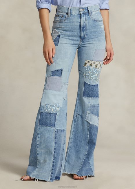 calça flare de algodão patchwork BD6J3090 mulheres Ralph Lauren Del Valle Wash