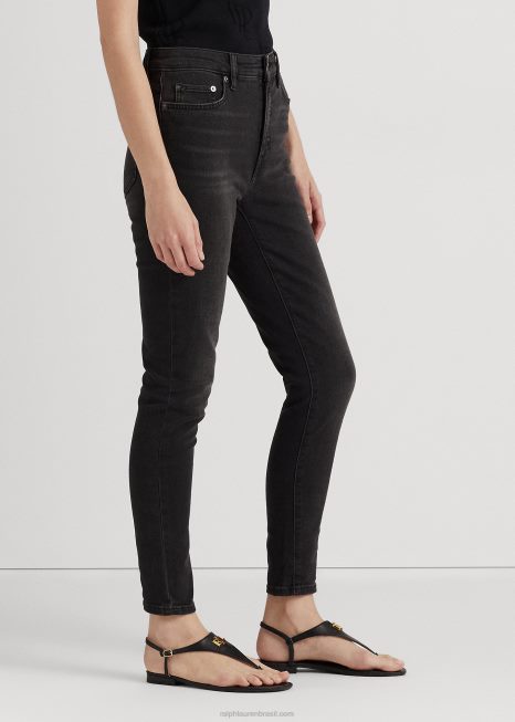 jeans skinny cintura alta BD6J4195 mulheres Ralph Lauren lavagem negra do império