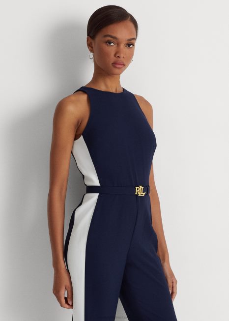 macacão crepe com listras laterais BD6J9564 mulheres Ralph Lauren marinho refinado/branco