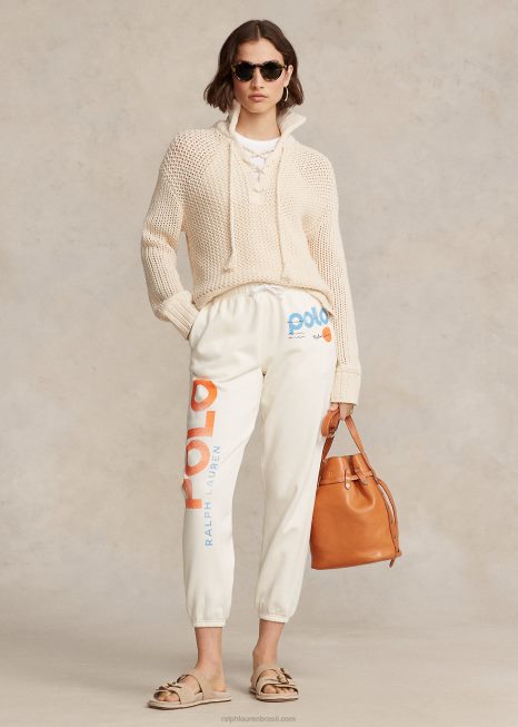 calça de moletom de lã com estampa de logo e ondas BD6J3050 mulheres Ralph Lauren creme de clube