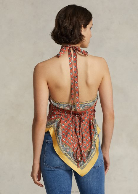 top frente única de seda amoreira com motivo de lenço BD6J9207 mulheres Ralph Lauren lenço floral marrom estampado