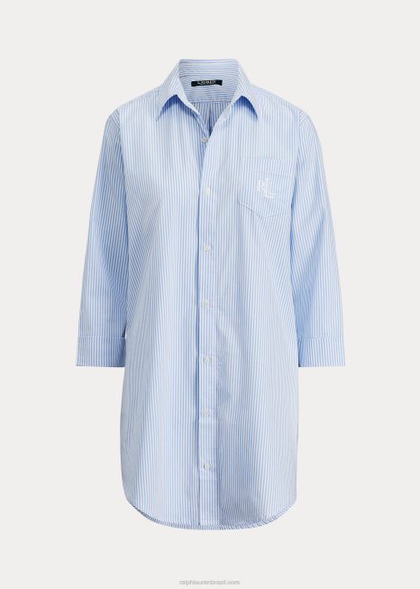 camisa de dormir listrada de algodão BD6J4259 mulheres Ralph Lauren faixa azul pálida