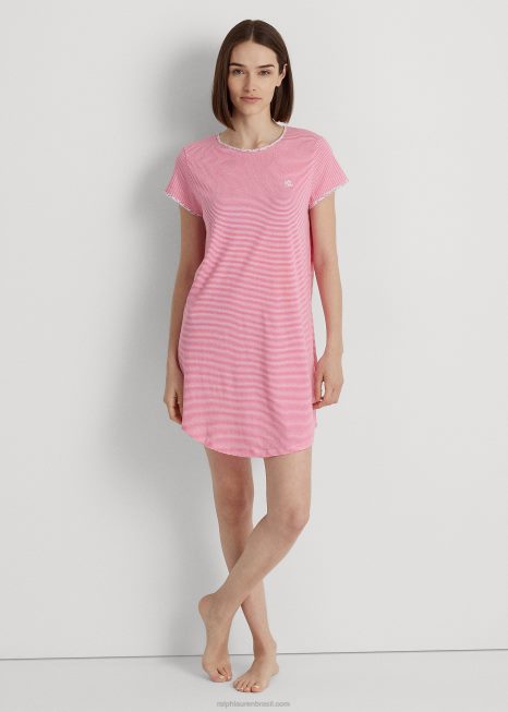 camiseta de dormir em jersey listrado BD6J4135 mulheres Ralph Lauren listra rosa