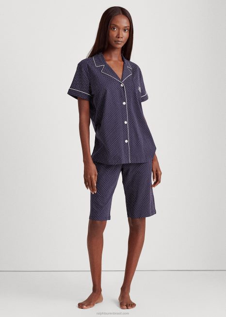 conjunto de pijama bermuda de algodão BD6J4235 mulheres Ralph Lauren ponto azul marinho