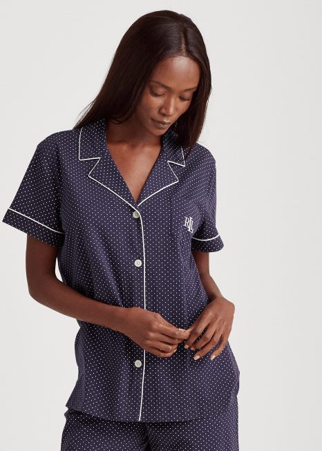 conjunto de pijama bermuda de algodão BD6J4235 mulheres Ralph Lauren ponto azul marinho