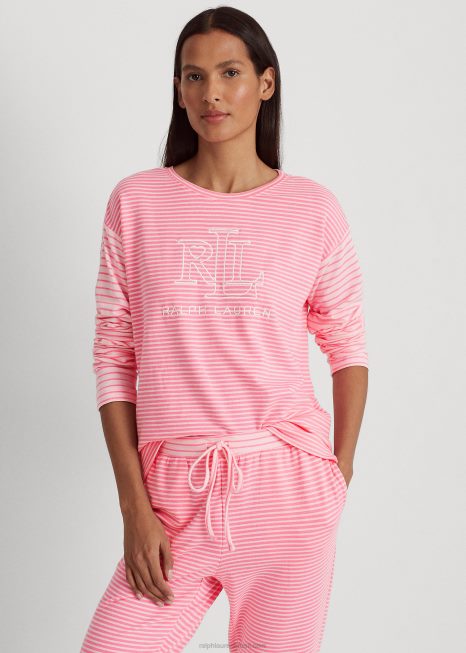 conjunto de pijama francês terry jogger listrado BD6J4150 mulheres Ralph Lauren impressão rosa