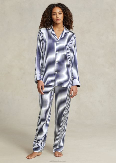 conjunto de pijama manga longa listrado em seda BD6J2999 mulheres Ralph Lauren listras azuis