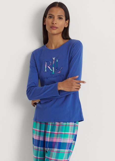 conjunto de pijama manga longa xadrez BD6J9576 mulheres Ralph Lauren xadrez azul