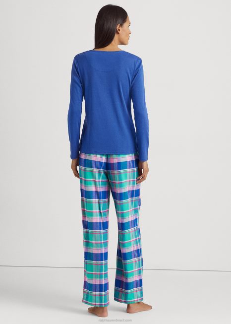 conjunto de pijama manga longa xadrez BD6J9576 mulheres Ralph Lauren xadrez azul
