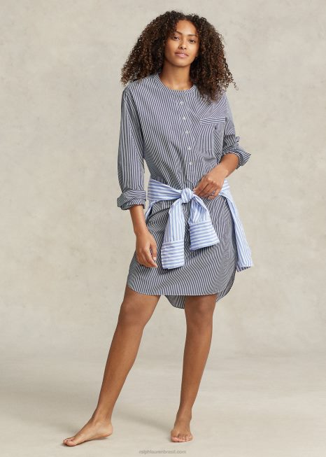 pijama listrado popeline BD6J3017 mulheres Ralph Lauren listras da marinha
