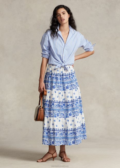 saia de algodão em camadas com listras florais BD6J3119 mulheres Ralph Lauren faixa floral azul