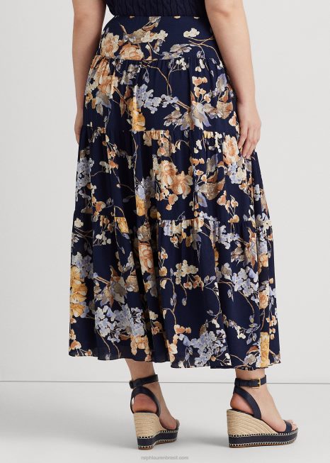 saia floral drapeada georgette BD6J4676 mulheres Ralph Lauren marinho multi