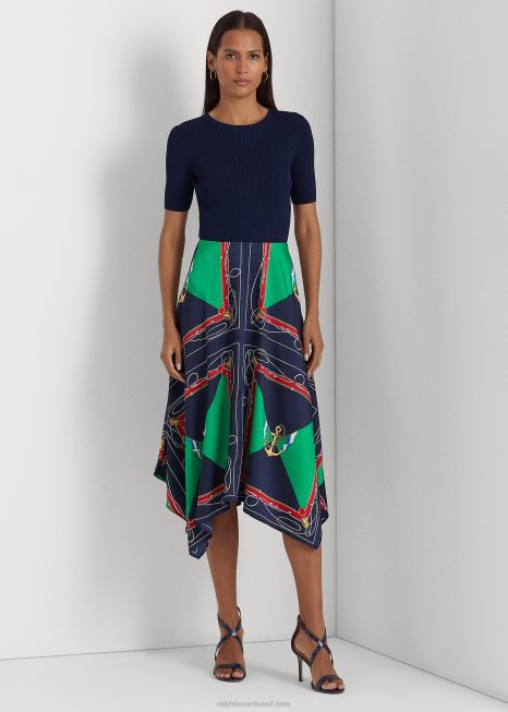 saia midi estampada BD6J4890 mulheres Ralph Lauren marinho/verde multi