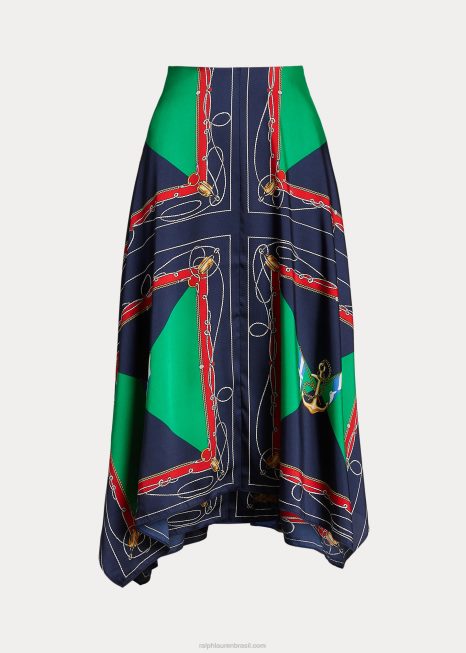 saia midi estampada BD6J4890 mulheres Ralph Lauren marinho/verde multi