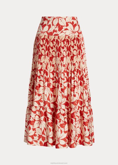 saia midi plissada de cetim estampada BD6J3196 mulheres Ralph Lauren impressão de folhas de bétula