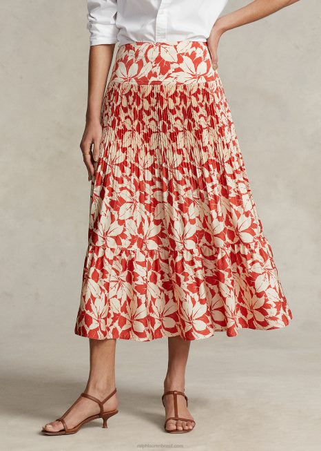 saia midi plissada de cetim estampada BD6J3196 mulheres Ralph Lauren impressão de folhas de bétula