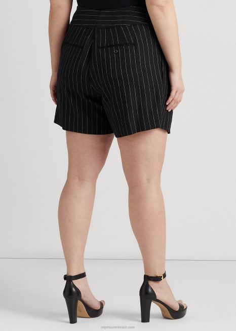 short de linho plissado listrado BD6J4569 mulheres Ralph Lauren preto/creme