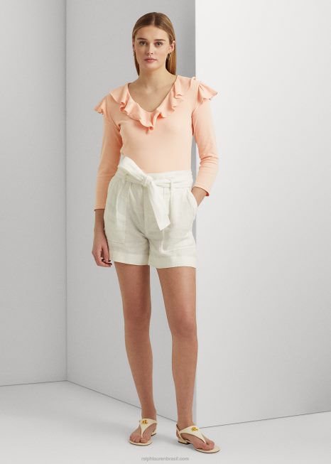 Blusa de algodão elástico com babados e decote em V BD6J4036 mulheres Ralph Lauren Rosa pálido