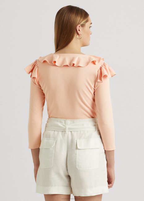 Blusa de algodão elástico com babados e decote em V BD6J4036 mulheres Ralph Lauren Rosa pálido