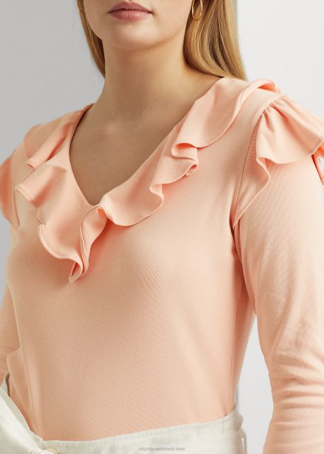 Blusa de algodão elástico com babados e decote em V BD6J4036 mulheres Ralph Lauren Rosa pálido