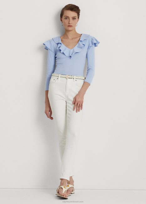 Blusa de algodão elástico com babados e decote em V BD6J4037 mulheres Ralph Lauren seixo azul