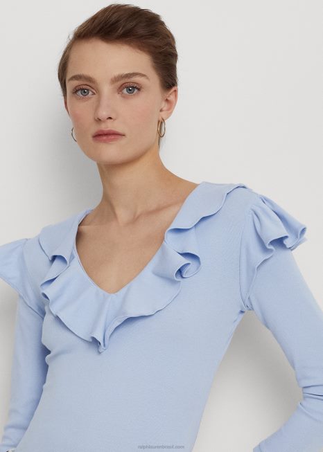 Blusa de algodão elástico com babados e decote em V BD6J4037 mulheres Ralph Lauren seixo azul
