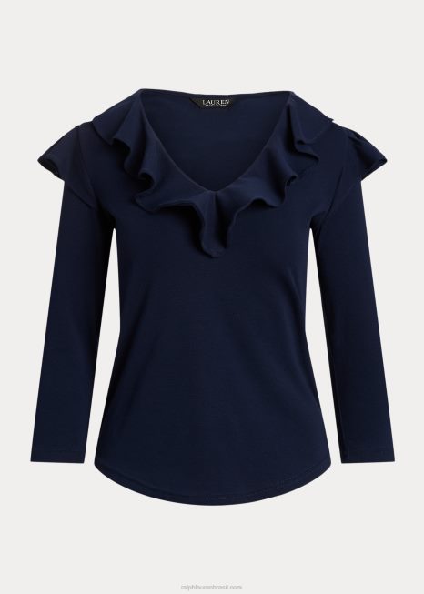 Blusa de algodão elástico com babados e decote em V BD6J4038 mulheres Ralph Lauren marinha refinada