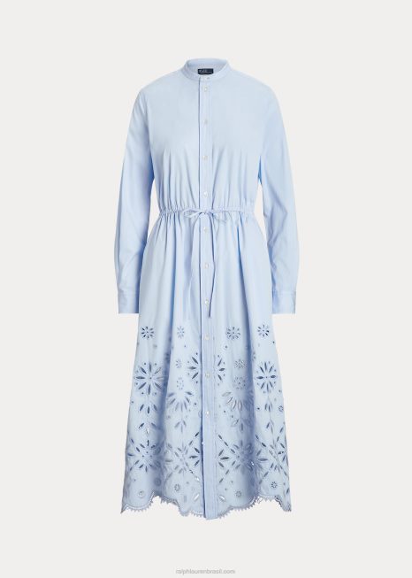 camisa de algodão bordada com ilhós BD6J3034 mulheres Ralph Lauren azul claro