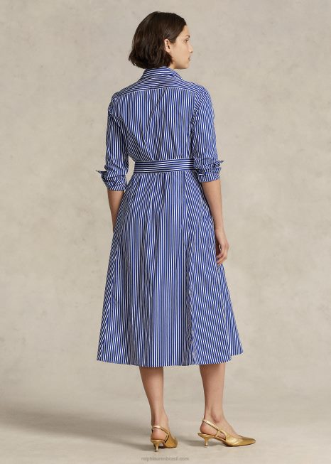 camisa de algodão listrada com cinto BD6J9177 mulheres Ralph Lauren azul marinho/branco brilhante
