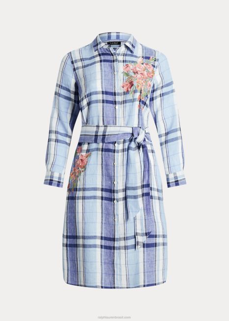 camisa de linho floral e xadrez BD6J4648 mulheres Ralph Lauren Branco azulado