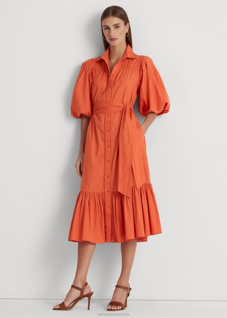 camisa mangas bufantes de algodão com cinto BD6J3816 mulheres Ralph Lauren desfiladeiro laranja