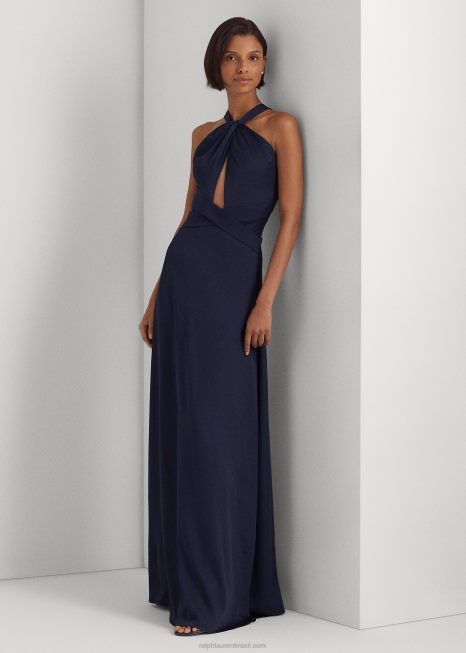 vestido de cetim BD6J3983 mulheres Ralph Lauren marinha refinada