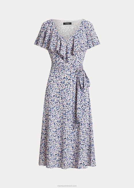 vestido de crepe bolha com cinto floral BD6J4449 mulheres Ralph Lauren azul/creme/rosa