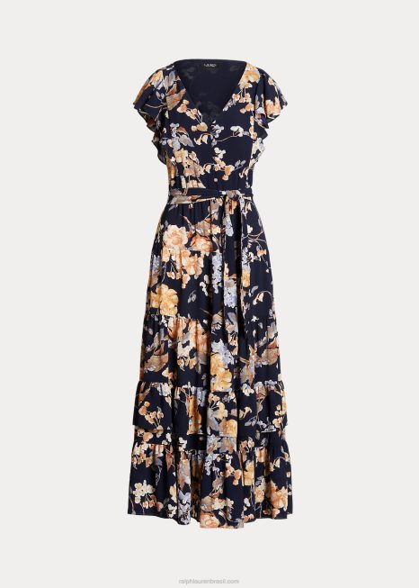 vestido de crepe floral bolha BD6J4096 mulheres Ralph Lauren marinho multi