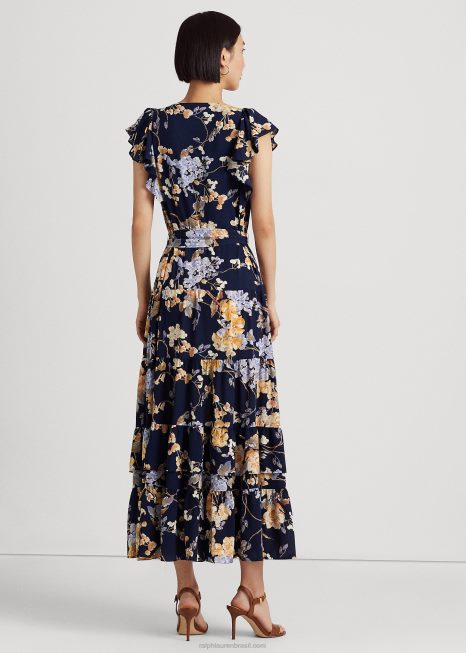 vestido de crepe floral bolha BD6J4452 mulheres Ralph Lauren marinho multi