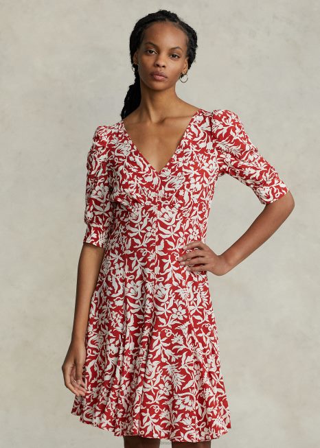 vestido de crepe godê manga de carneiro floral BD6J9206 mulheres Ralph Lauren flor de lírio da primavera
