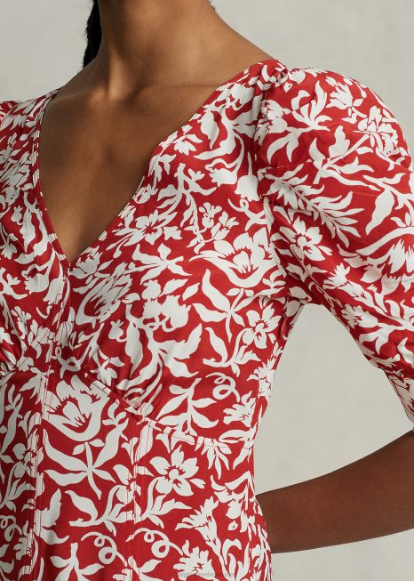 vestido de crepe godê manga de carneiro floral BD6J9206 mulheres Ralph Lauren flor de lírio da primavera
