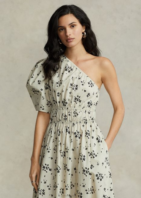 vestido de popeline franzido assimétrico floral BD6J2998 mulheres Ralph Lauren bronzeado/preto