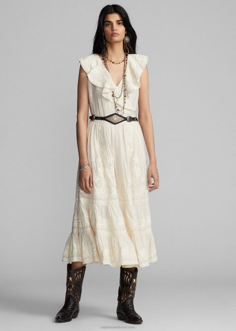 vestido de seda bordado BD6J3625 mulheres Ralph Lauren natural/creme