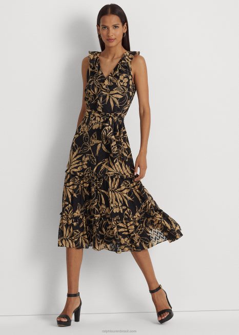 vestido estampado georgette enrugado BD6J4875 mulheres Ralph Lauren preto/castanho