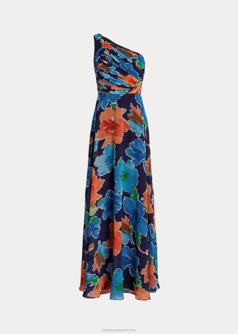 vestido floral georgette ombro único BD6J9557 mulheres Ralph Lauren marinho multi