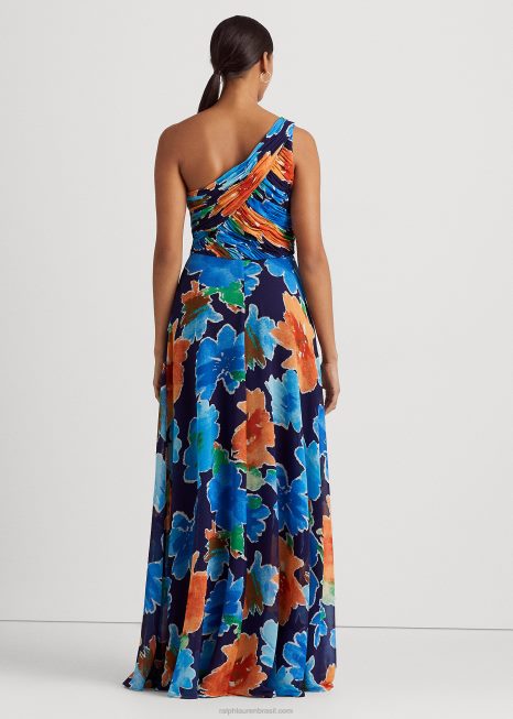 vestido floral georgette ombro único BD6J9557 mulheres Ralph Lauren marinho multi