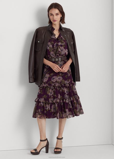 vestido florido georgette plissado com cinto BD6J9588 mulheres Ralph Lauren roxo multi