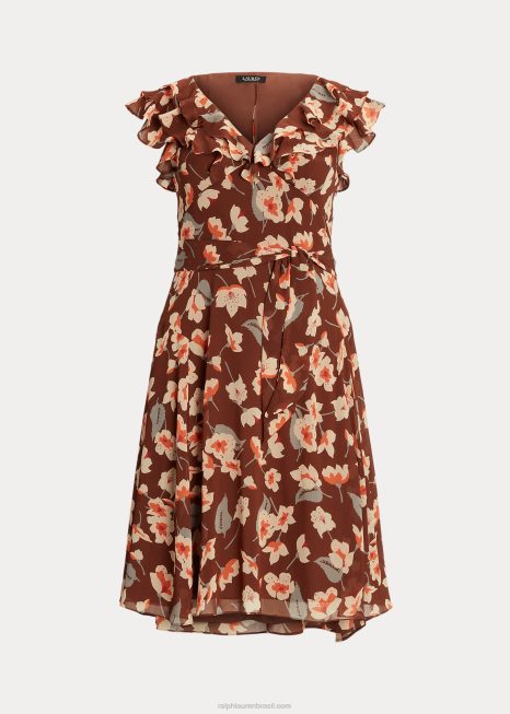 vestido georgette floral com acabamento de babados BD6J4517 mulheres Ralph Lauren marrom/laranja/creme