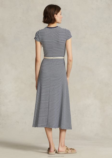 vestido listrado de algodão canelado BD6J3066 mulheres Ralph Lauren listra branca/newport marinho