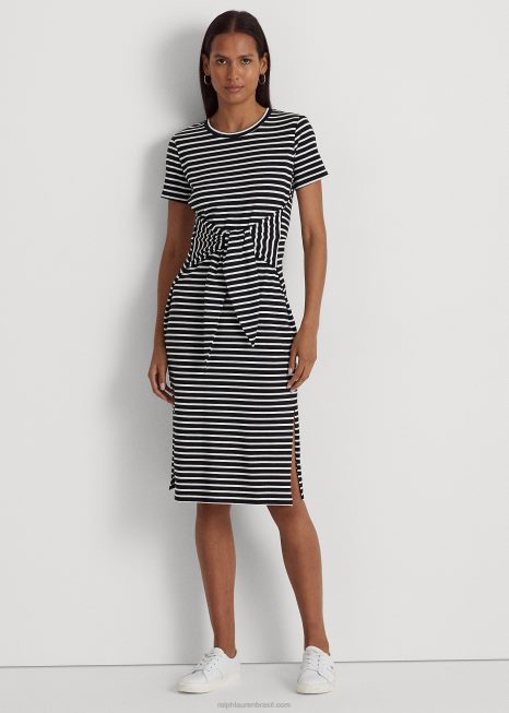 vestido listrado em jérsei com amarração frontal BD6J4319 mulheres Ralph Lauren Preto branco