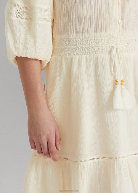 vestido manga blusinha de algodão enrugado BD6J4099 mulheres Ralph Lauren creme de mascarpone
