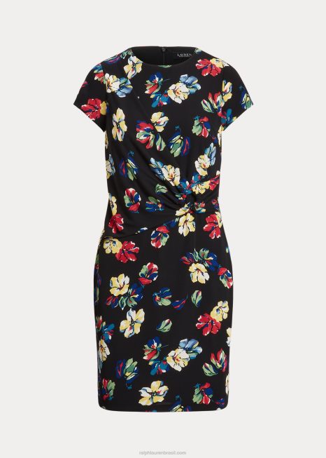 vestido manga curta jérsei elástico floral BD6J4354 mulheres Ralph Lauren preto multi