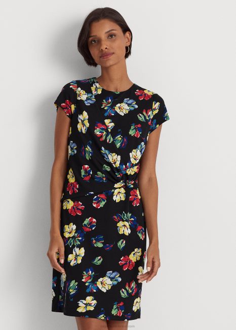 vestido manga curta jérsei elástico floral BD6J4354 mulheres Ralph Lauren preto multi