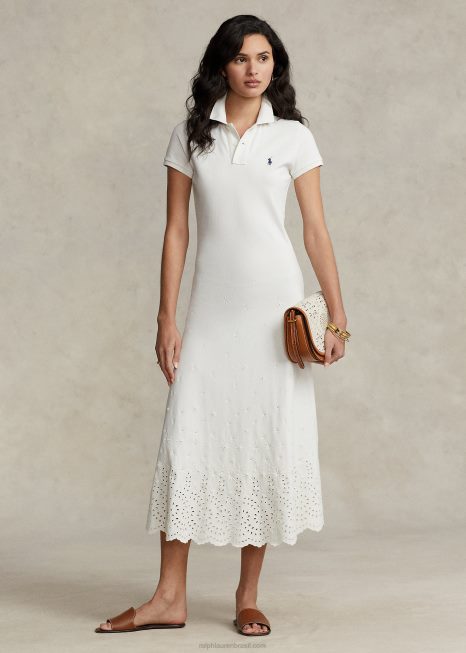 vestido polo de malha de algodão elástico com ilhós BD6J2993 mulheres Ralph Lauren branco